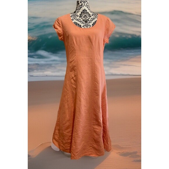 J. Jill Fit N Flare Dress Peach 100% Linen M Relaxed Lined Comfy Beach Church - Picture 1 of 11